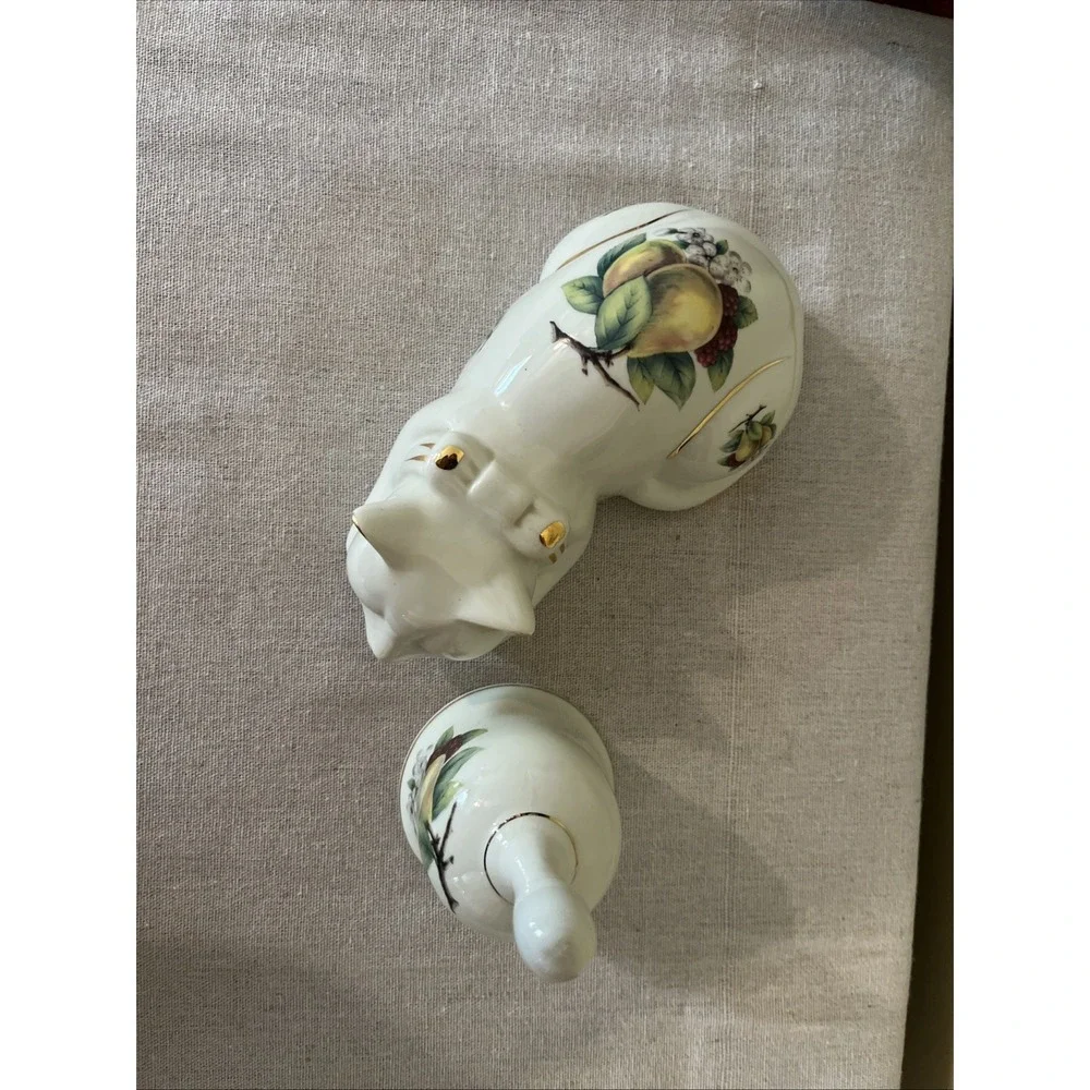 Sleeping Cat Porcelain Figurine & Bell (Formalities) Fruit Motif with Gold